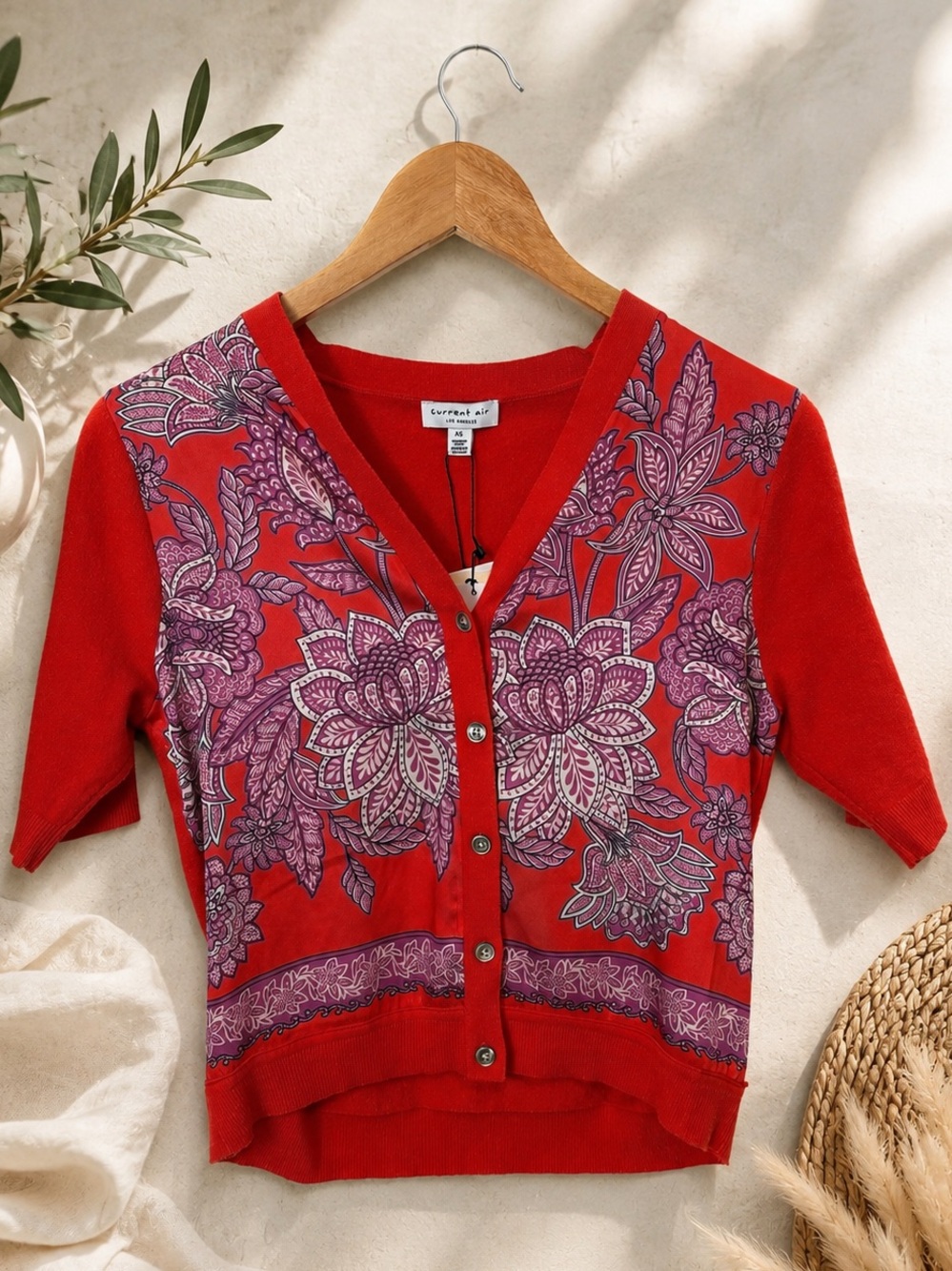 Current Air Red Short-Sleeve Floral Button Cardigan Top